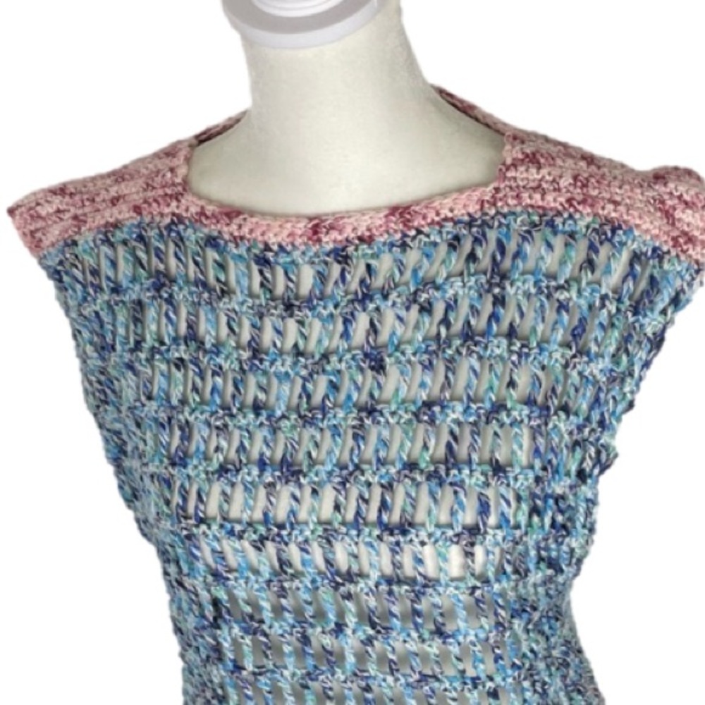 Hand Knit Bohemian Crochet Dress Cover Up Blue Pink Size Small Medium - Picture 5 of 8